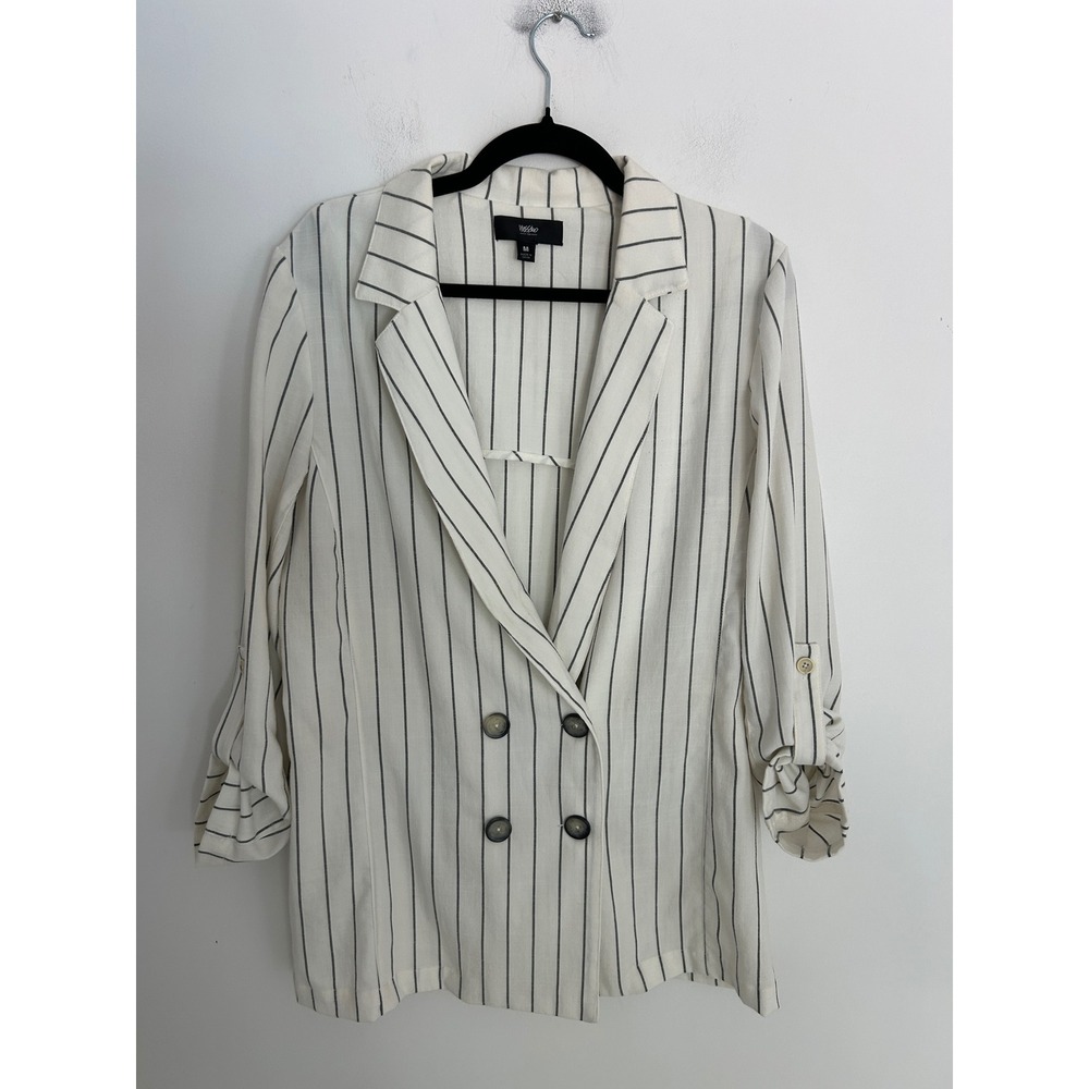 Mossimo Womens White Blue Pinstripe Double Breasted Roll Tab Sleeve Blazer M